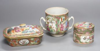 A Chinese famille rose soap dish strainer and cover, a two handled cup and a box and cover, 19th