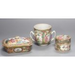 A Chinese famille rose soap dish strainer and cover, a two handled cup and a box and cover, 19th