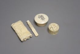 A small group of decorative ivory/bone including two trinket boxes, a snuff box and a cheroot