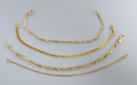 Four assorted modern 9ct gold bracelets, longest 19.4cm, 25.3 grams.