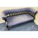 A late Victorian ebonised tub framed settee, length 154cm, depth 56cm, height 66cm