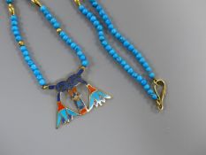 An Egyptian enamelled yellow metal pendant on turquoise and yellow metal bead necklace, the clasp