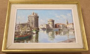 Marc Chailloux, oil on canvas, The harbour at La Rochelle, signed, 14.5 x 22.5cm.