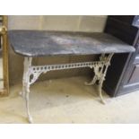 A Victorian marble topped cast iron rectangular garden table, length 122cm, depth 52cm, height 73cm
