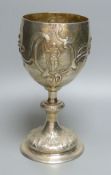 A Victorian embossed silver rowing trophy goblet, George Fox, London, 1882, 26.5cm, 16.5oz.