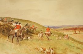 Robert Hugh Buxton (1871-1965), watercolour on board, huntsmen and hounds in a downland landscape,