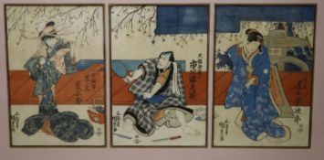 Kunisada, woodblock triptych print, Kabuki scene, a Lord, a Lady and a Lady of the Night, each 37