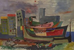 William Gear RA (1915-1997), offset lithograph in colours, Boats and Buildings, 1947, signed in