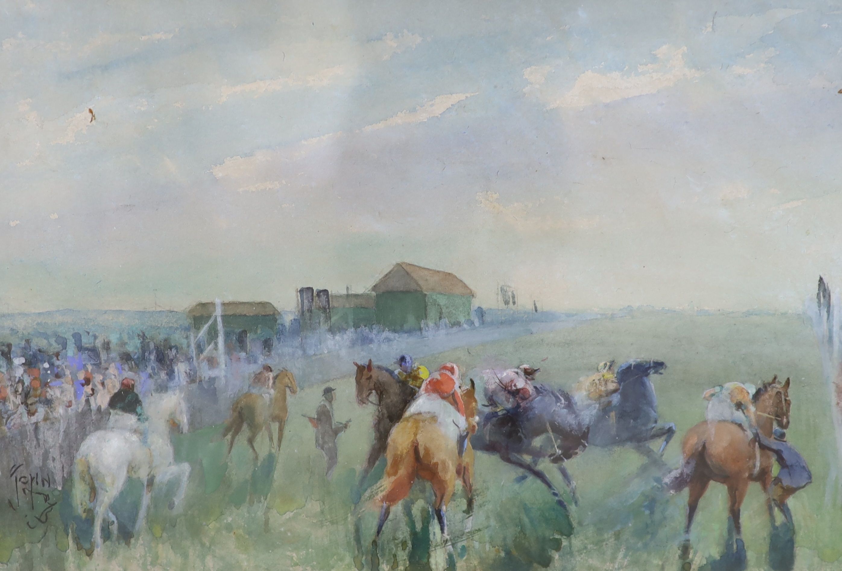 John Beer (1883-1915), watercolour, Horse race before the start, signed, 25 x 34cm