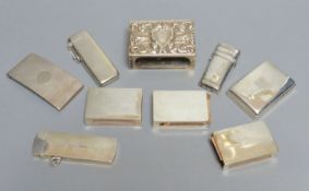 Two late Victorian silver diary cases, largest 85mm and seven other items including silver match