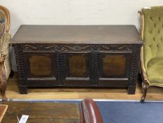 A 18th century style Cypriot carved wood panelled coffer, length 142cm, depth 51cm, height 67cm