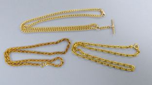 Three assorted modern 9ct gold necklace chains, including ropetwist, longest 50cm, 37.6 grams.