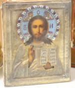 Late 19th century Russian School, tempera on panel, Icon of Christ Pantocrator, enamelled silver