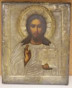 Late 19th Century Russian School, tempera on panel, Icon of Christ Pantocrator, with silver oklad,
