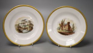 Two Spode painted plates with landscape scenes Conisbrough Castle, Bridge on River Trent, c.1820,