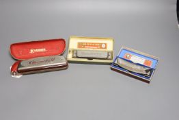 Three cased Hohner harmonicas, Chrometta 12, Koch and Lieblinge