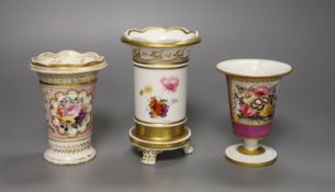 Three English porcelain spill vases, c.1830, the first on three feet painted with seashells, coral