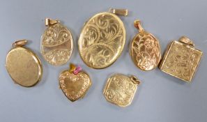 Seven assorted modern 9ct gold lockets, largest 32mm, gross 25.4 grams.