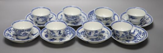 Five Chinese blue and white 'birds' tea bowls and four saucers and three 'chicken' tea bowls and
