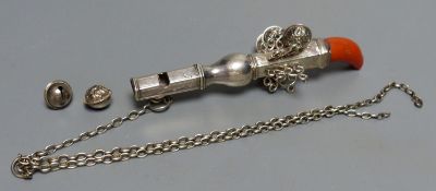 A 19th century? white metal child's rattle with coral teether and seven bells (2 detached) unmarked,