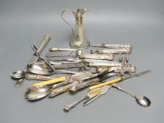 A small collection of silver and plated flatware, including a pair of silver Kings pattern jam
