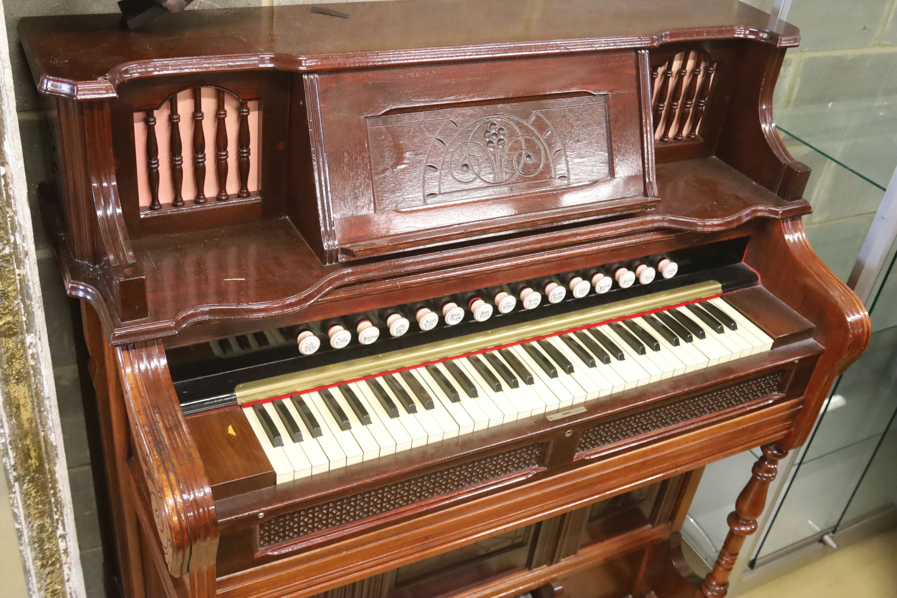 A late Victorian mahogany harmonium, width 120cm, depth 60cm, height 130cm - Image 2 of 5