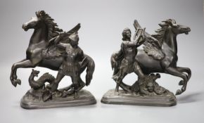 A pair of bronzed spelter groups of Perseus and Pegasus, height 20cm