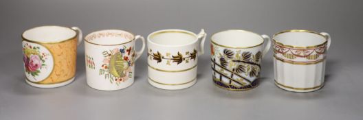 Five English coffee cans, Flight Barr with brown leaves, a Coalport coffee can with gilded palm