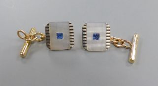 A cased pair of early to mid 20th century 18ct & 9ct, mother of pearl and sapphire set square