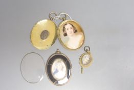 Three 19th century yellow metal mounted and cased portrait miniatures on ivory, one blue enamelled