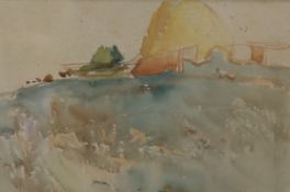 Robert Purvis Flint (1883-1947), watercolour, Field and haystack, signed, 25 x 36cm