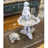 A cast lead scallop shell and figural bird bath, height 60cm, together with a cast lead frog