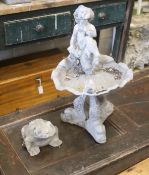 A cast lead scallop shell and figural bird bath, height 60cm, together with a cast lead frog