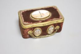 A 19th century French miniature velvet and gilt metal Palais Royale sewing casket, length 11.5cm