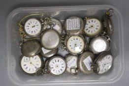 Twenty assorted mainly continental white metal fob watches, including two with enamel (a.f.).