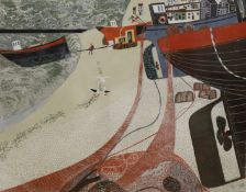 Melvyn Evans (British Contemporary), linocut, 'Fishing Boats on Hastings Beach', signed in pencil,