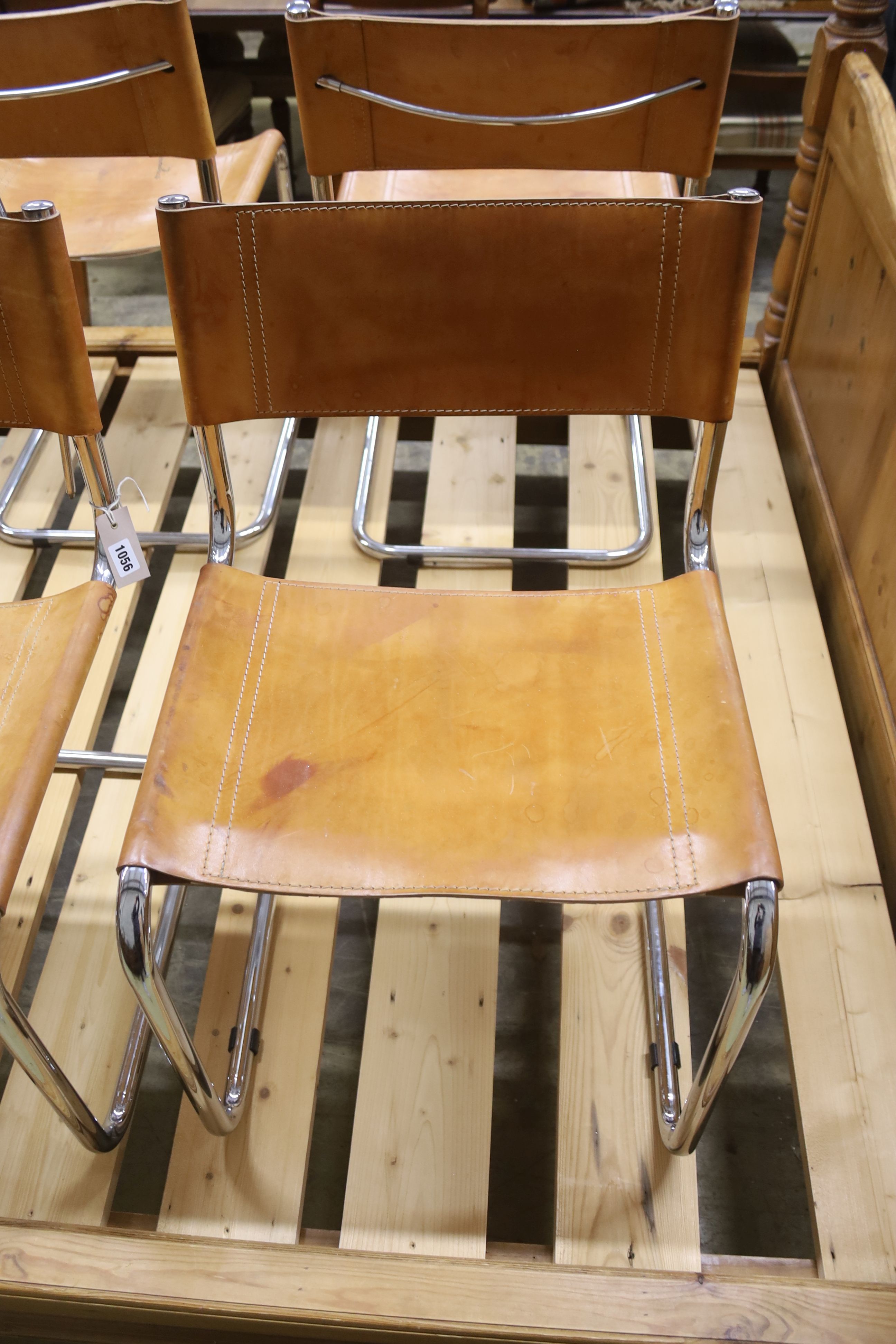 A set of six Italian design tan leather and chrome cantilever dining chairs, width 48cm, depth 44cm, - Image 2 of 4