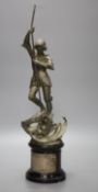 A spelter figure of St George and the Dragon, on turned marble base with vacant silver cartouche,