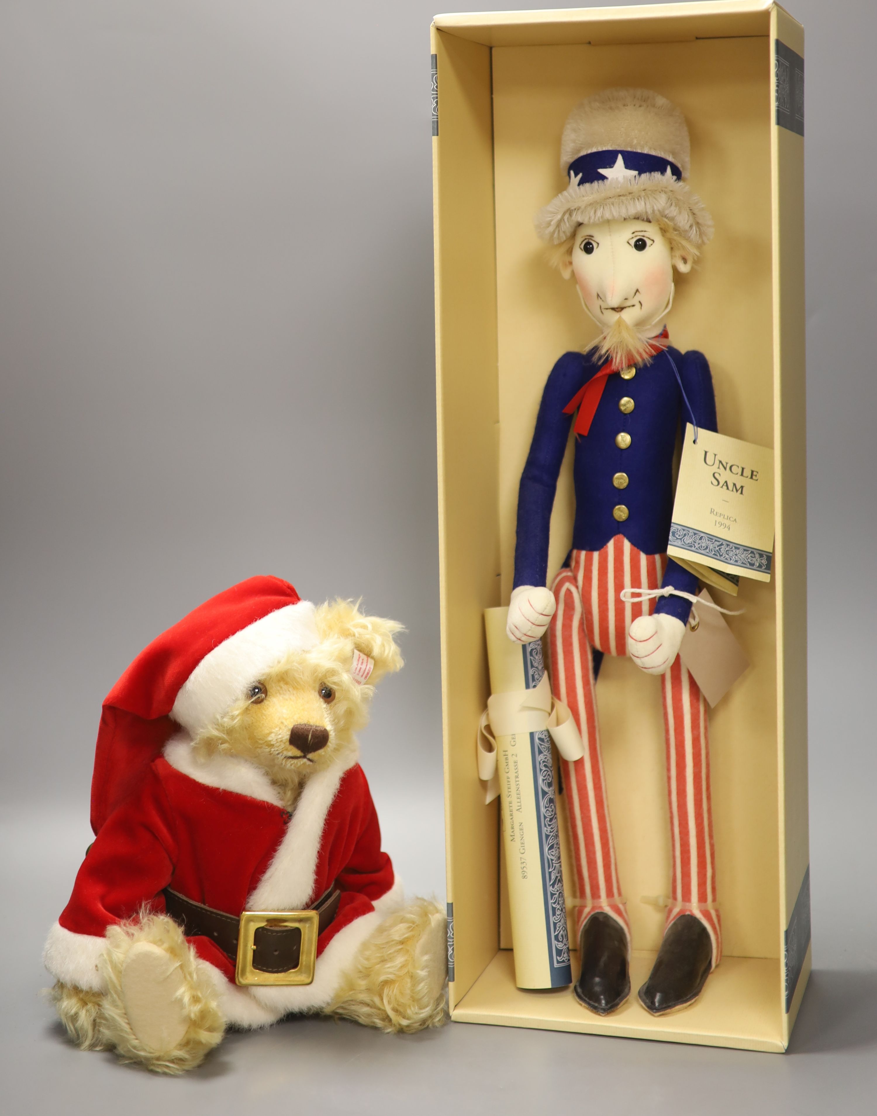 Steiff 'Uncle Sam' doll, box and certificate, Steiff Father Christmas bear limited edition, box