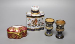 A Samson crested porcelain lidded tea caddy, height 13cm, together with a Limoges lidded porcelain