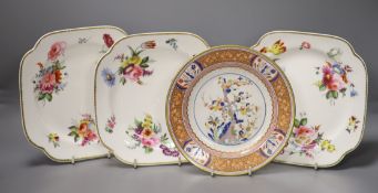 A set of three Spode square dishes each painted with three floral bouquets and three sprigs, one