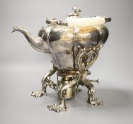 A mid 19th century silver plated tea kettle on a burner stand, height with handle down 31cm