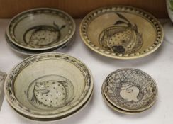 A group of Sukhothai style pottery dishes, largest diameter 29cm (7)