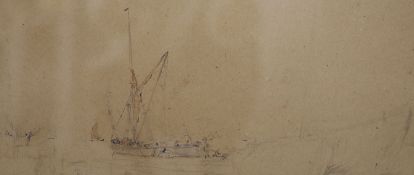 Robert Purvis Flint (1883-1947), pencil and watercolour, 'Repairing barge', signed, 18 x 35cm