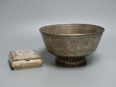 An Indian? white metal bowl, on pedestal foot, height 12.8cm, 23oz and a similar small white metal