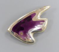 A George Jensen sterling and two colour purple enamel stylised fish brooch, designed by Henning
