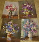Edith Alice Andrews (1873-1958), four still life watercolours of flowers, on board and paper,