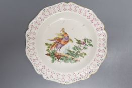 A Derby plate painted with two birds in landscape under a moulded floral border c.1760, Wheeldon