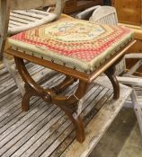 A Victorian mahogany needlepoint seat X frame stool, width 48cm, height 42cm