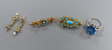 A pair of 9ct gold seed pearl and turquoise set earrings, gross 1.8 grams and three other items, a